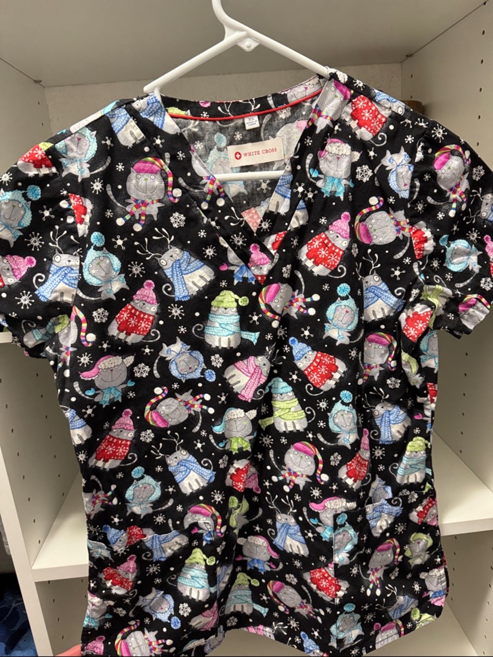 White Cross Scrub Top in Black with Colorful Winter Cat Print